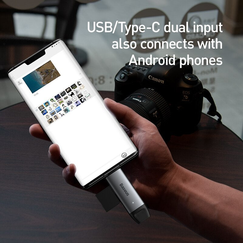 Leitor de cartão  Baseus 2 em 1,USB 3.0 & USB tipo C para SD micro SD TF leitor de cartão OTG. Adaptador Portátil Inteligente Super Rápido memória microSD cardreader para ipad