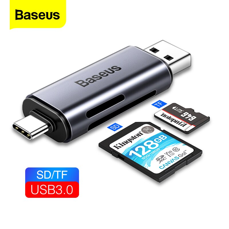 Leitor de cartão  Baseus 2 em 1,USB 3.0 & USB tipo C para SD micro SD TF leitor de cartão OTG. Adaptador Portátil Inteligente Super Rápido memória microSD cardreader para ipad