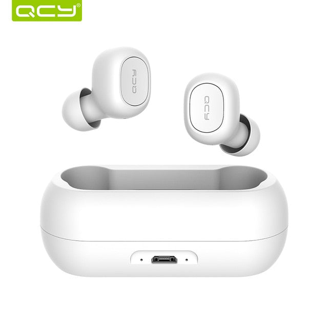 Fones de ouvido QCY QS1 Bluetooth, Mini Fones de ouvido de som estéreo 3D com microfone duplo e caixa de carregamento.