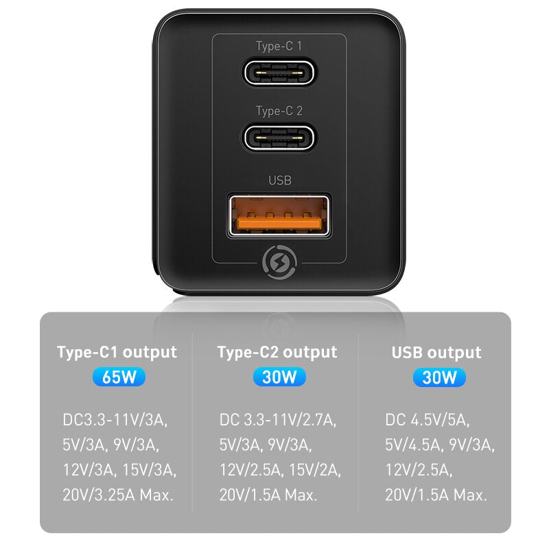 Carregador Baseus de viagem de carga rápida 65W GaN USB C carregador de carga rápida 4.0 3.0 QC4.0 QC PD3.0 PD USB-C Tipo C rápido USB carregador para Macbook Pro iPhone Samsung